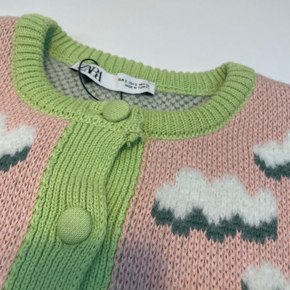 ZARA Women's Knit Jacquard Fuzzy Sheep Landscape Cardigan Pink Green Size S‎ - Picture 4 of 16